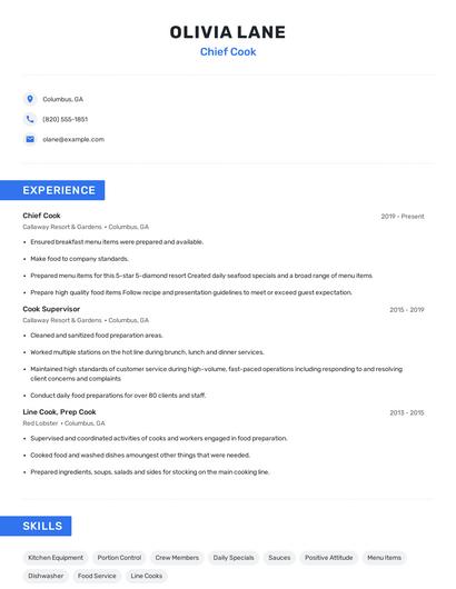 Chief Cook Resume