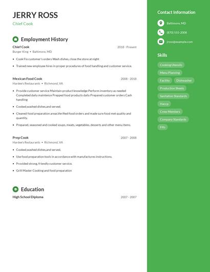 Chief Cook Resume