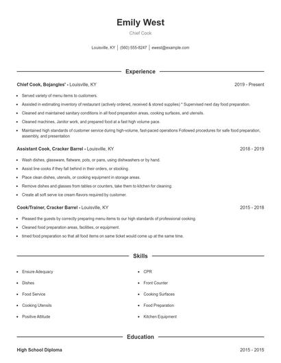 Chief Cook Resume
