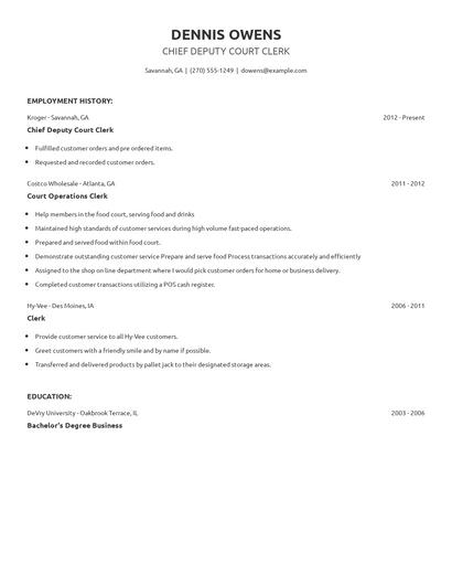 Chief Deputy Court Clerk Resume