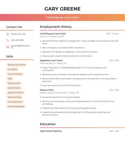 Chief Deputy Court Clerk Resume