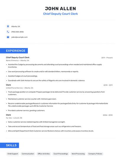Chief Deputy Court Clerk Resume