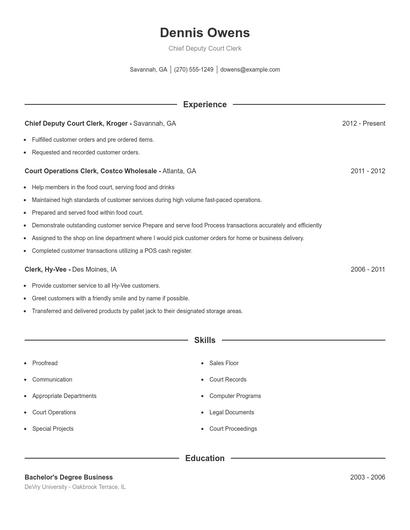 Chief Deputy Court Clerk Resume
