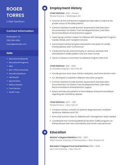 Chief Dietitian Resume