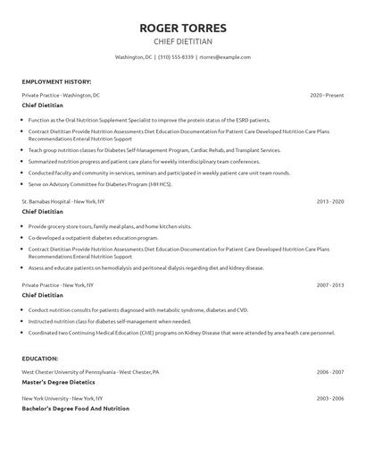 Chief Dietitian Resume