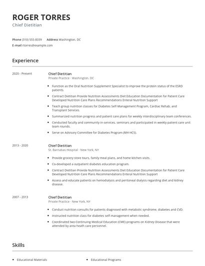 Chief Dietitian Resume