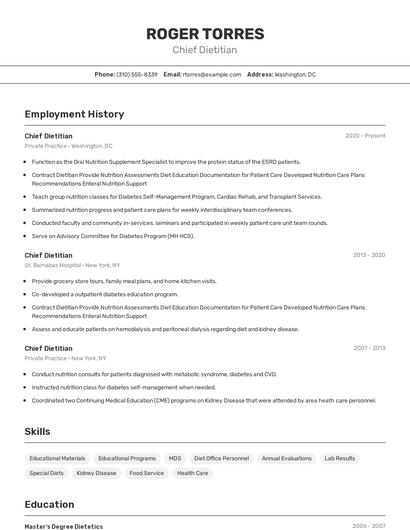 Chief Dietitian Resume