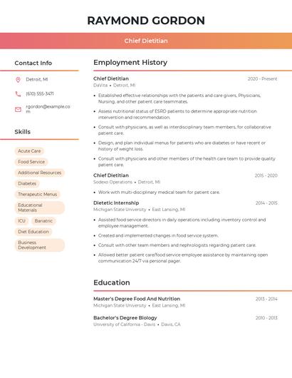 Chief Dietitian Resume