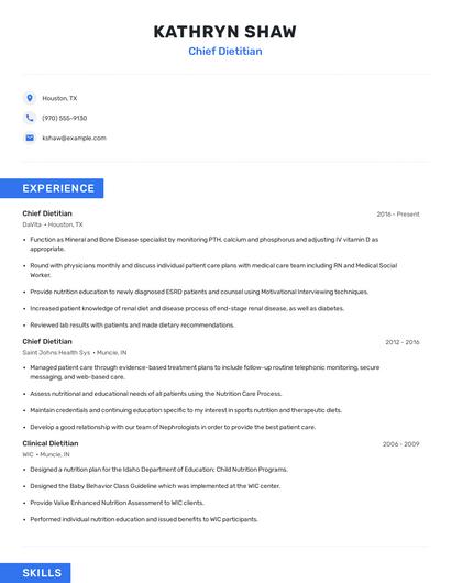 Chief Dietitian Resume