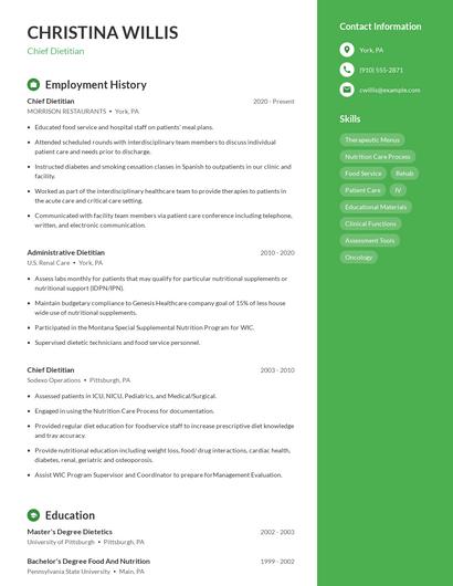 Chief Dietitian Resume