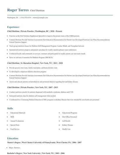 Chief Dietitian Resume