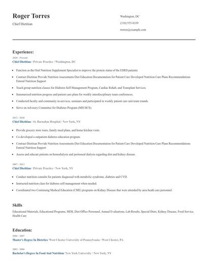 Chief Dietitian Resume