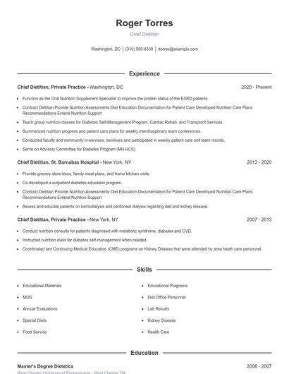 Chief Dietitian Resume