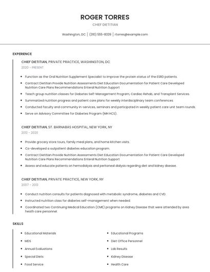 Chief Dietitian Resume
