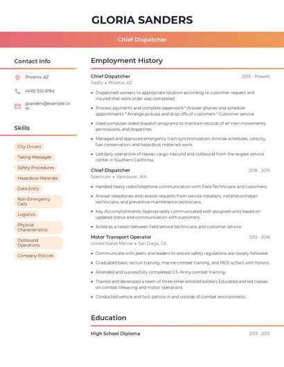 Chief Dispatcher Resume