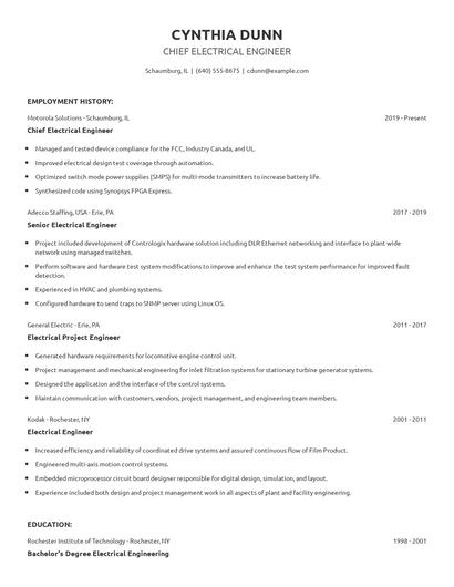 Chief Electrical Engineer Resume