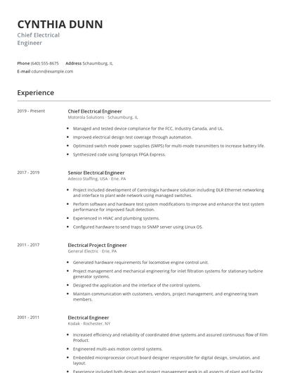 Chief Electrical Engineer Resume