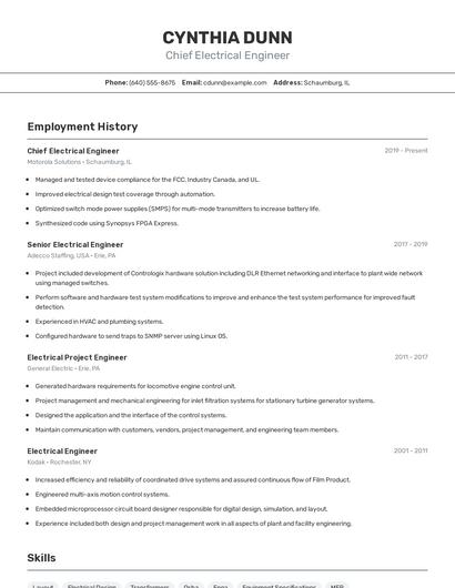 Chief Electrical Engineer Resume