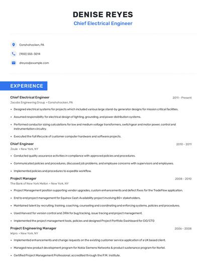 Chief Electrical Engineer Resume