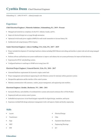 Chief Electrical Engineer Resume