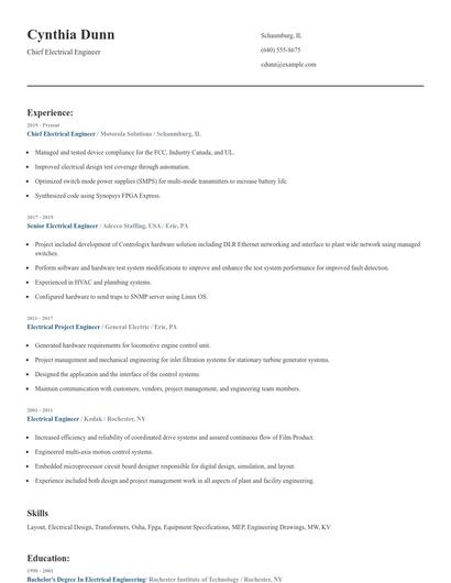 Chief Electrical Engineer Resume