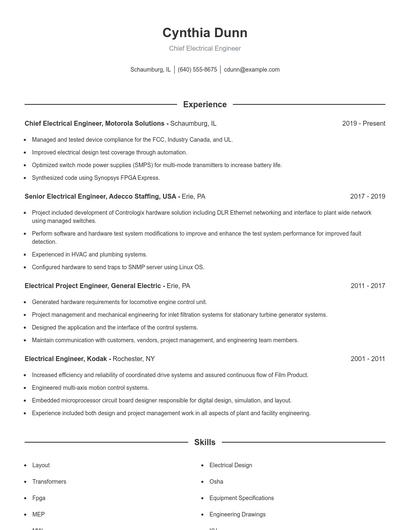 Chief Electrical Engineer Resume
