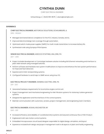 Chief Electrical Engineer Resume