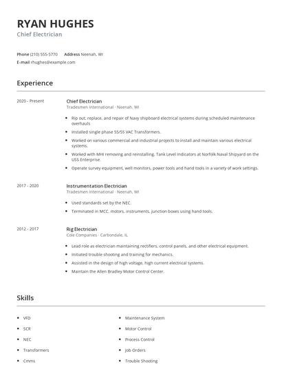 Chief Electrician Resume