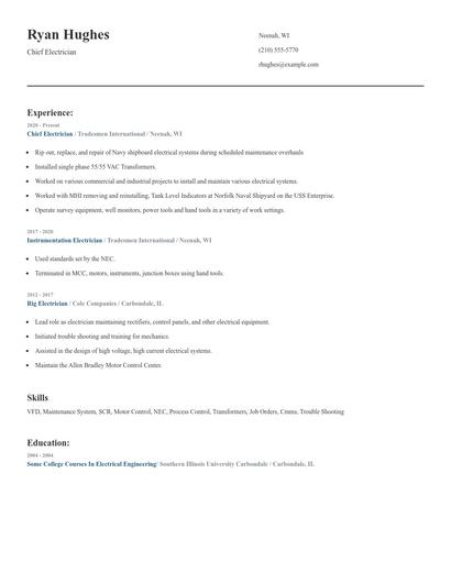 Chief Electrician Resume