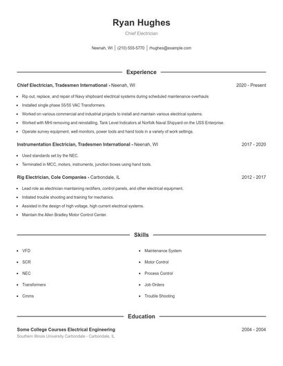 Chief Electrician Resume