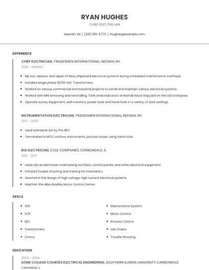 Chief Electrician Resume
