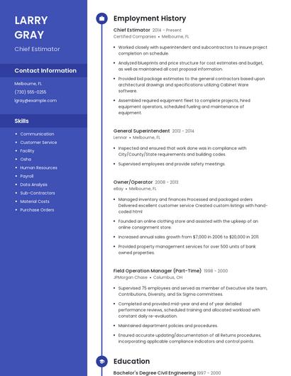 Chief Estimator Resume