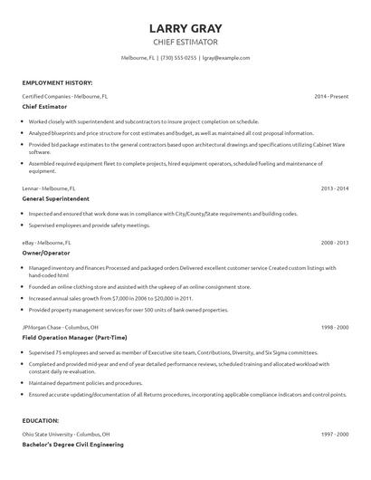 Chief Estimator Resume