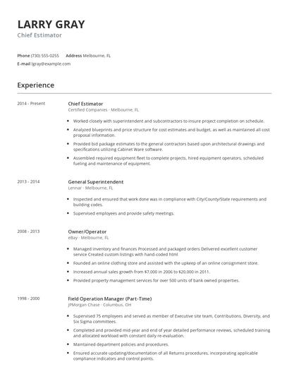 Chief Estimator Resume