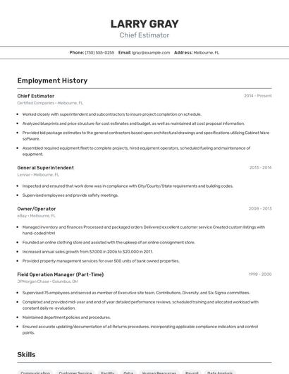 Chief Estimator Resume