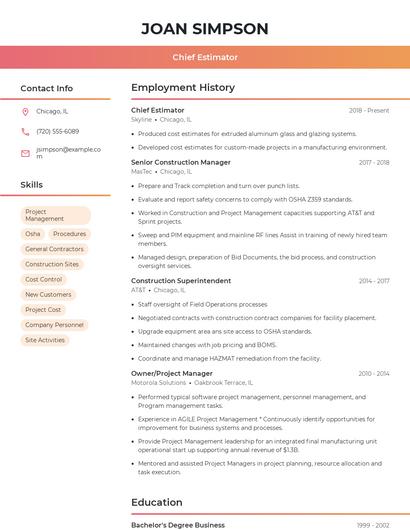 Chief Estimator Resume