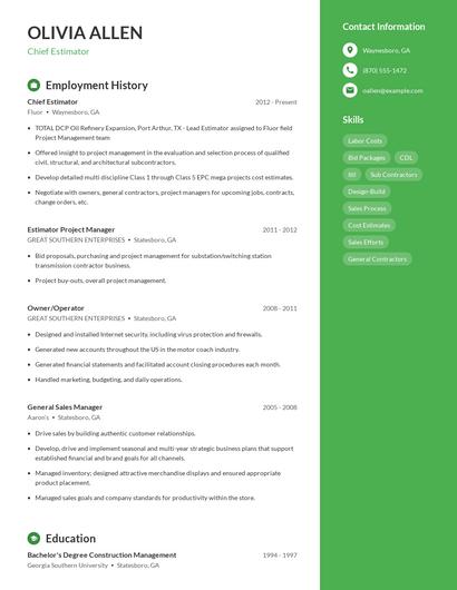 Chief Estimator Resume