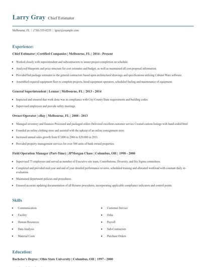 Chief Estimator Resume