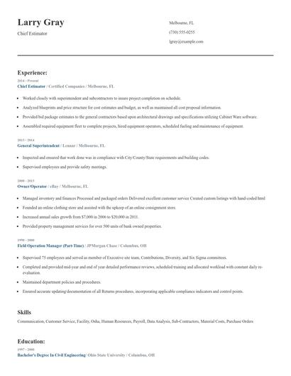 Chief Estimator Resume