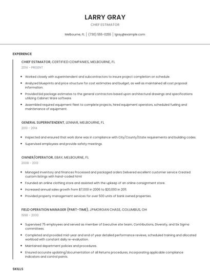 Chief Estimator Resume