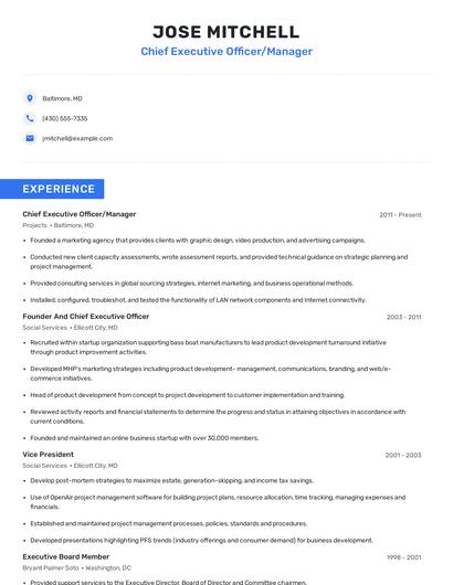 Chief Executive Officer/Manager Resume