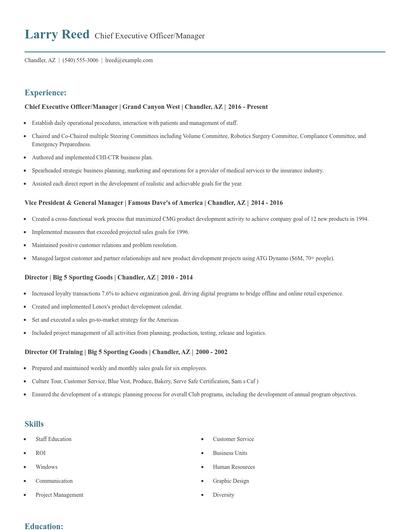 Chief Executive Officer/Manager Resume