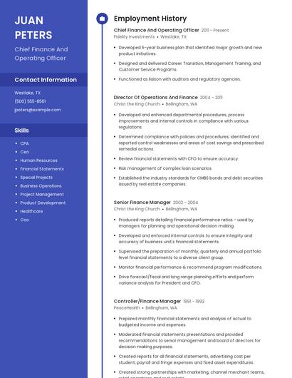 Chief Finance And Operating Officer Resume