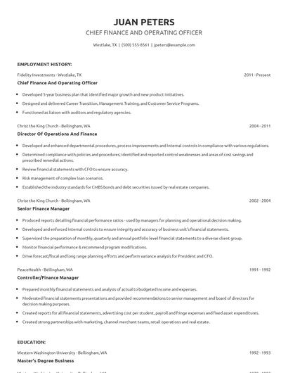 Chief Finance And Operating Officer Resume