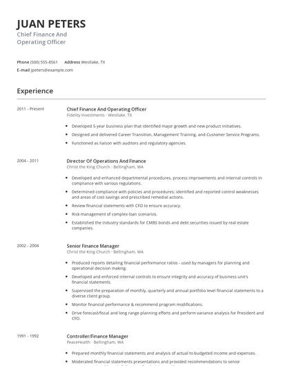 Chief Finance And Operating Officer Resume