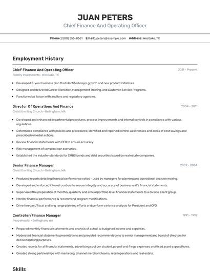 Chief Finance And Operating Officer Resume