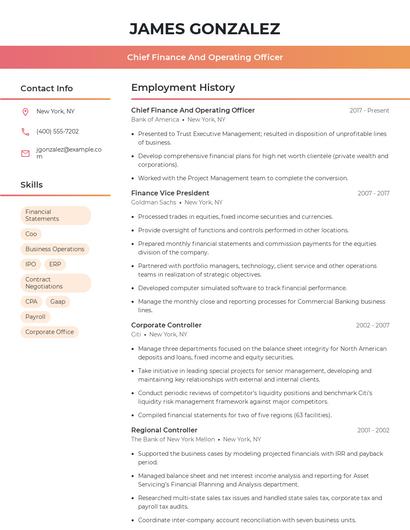 Chief Finance And Operating Officer Resume