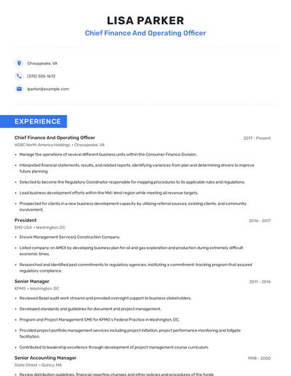Chief Finance And Operating Officer Resume