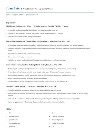Chief Finance And Operating Officer Resume