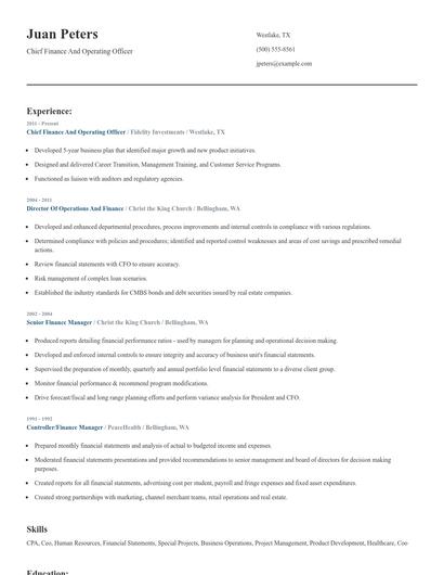 Chief Finance And Operating Officer Resume